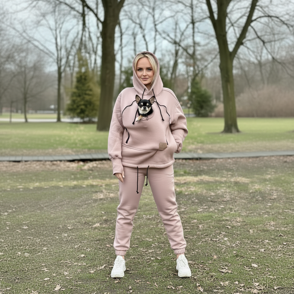 Person wearing a beige hoodie with a dog and matching pants in a park.