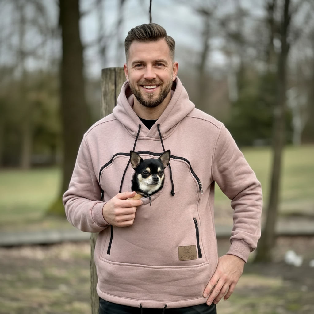 Man wearing a beige hoodie with a dog design, standing outdoors. Main image