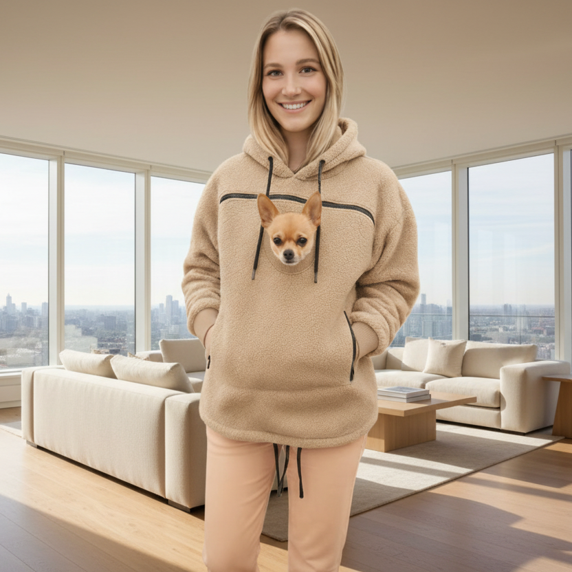 Person wearing a beige boucle hoodie with a dog design, standing in a room with a couch and window. Main image