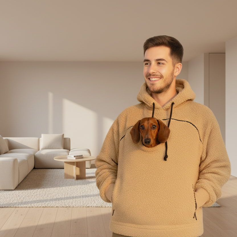Man wearing a beige boucle hoodie with a dog design in a modern living room. Main image