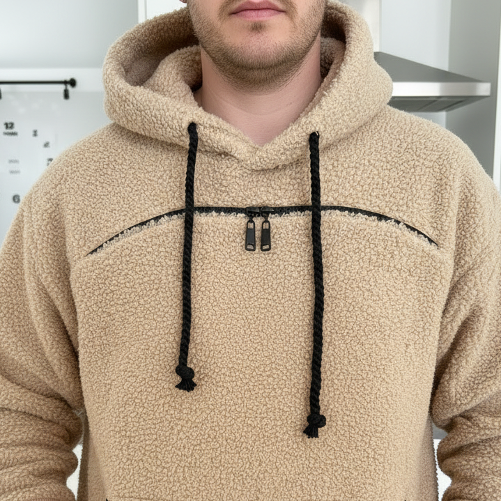 Beige fleece hoodie with black drawstrings worn by a person indoors.