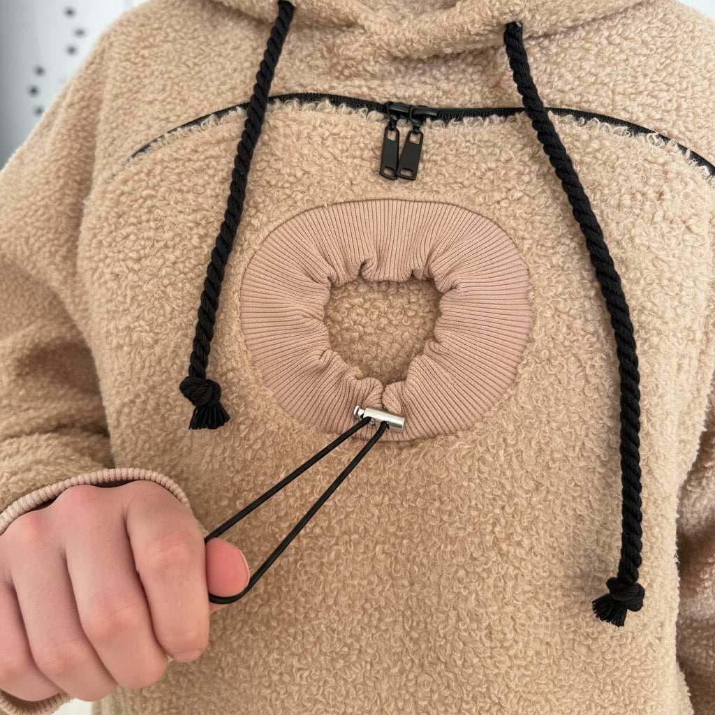 Close-up of a beige fleece hoodie with a drawstring and heart-shaped pocket patch.