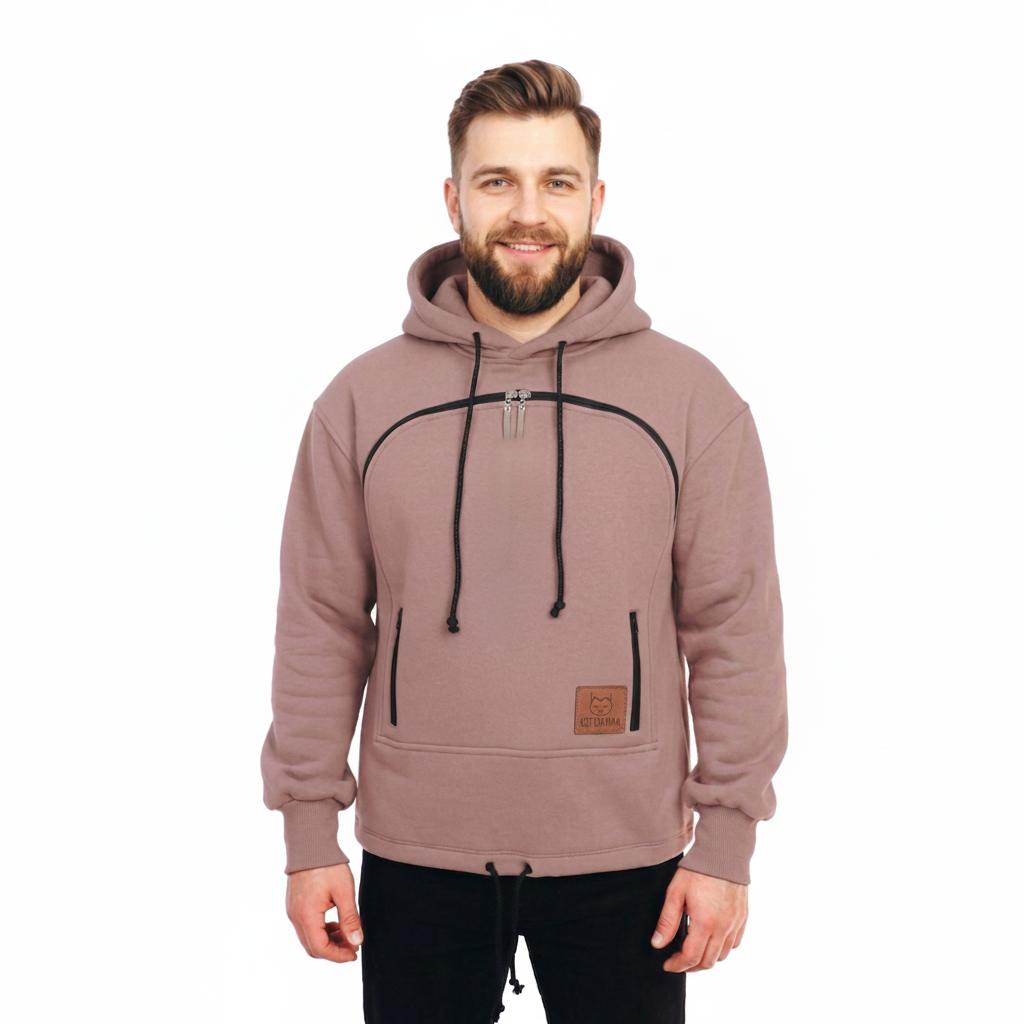 Man wearing a beige hoodie with a zipper on a white background
