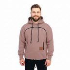 Man wearing a beige hoodie with a zipper on a white background