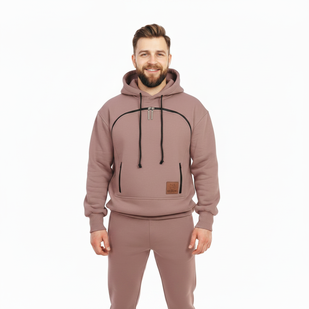 Man wearing a brown tracksuit with a hoodie on a white background
