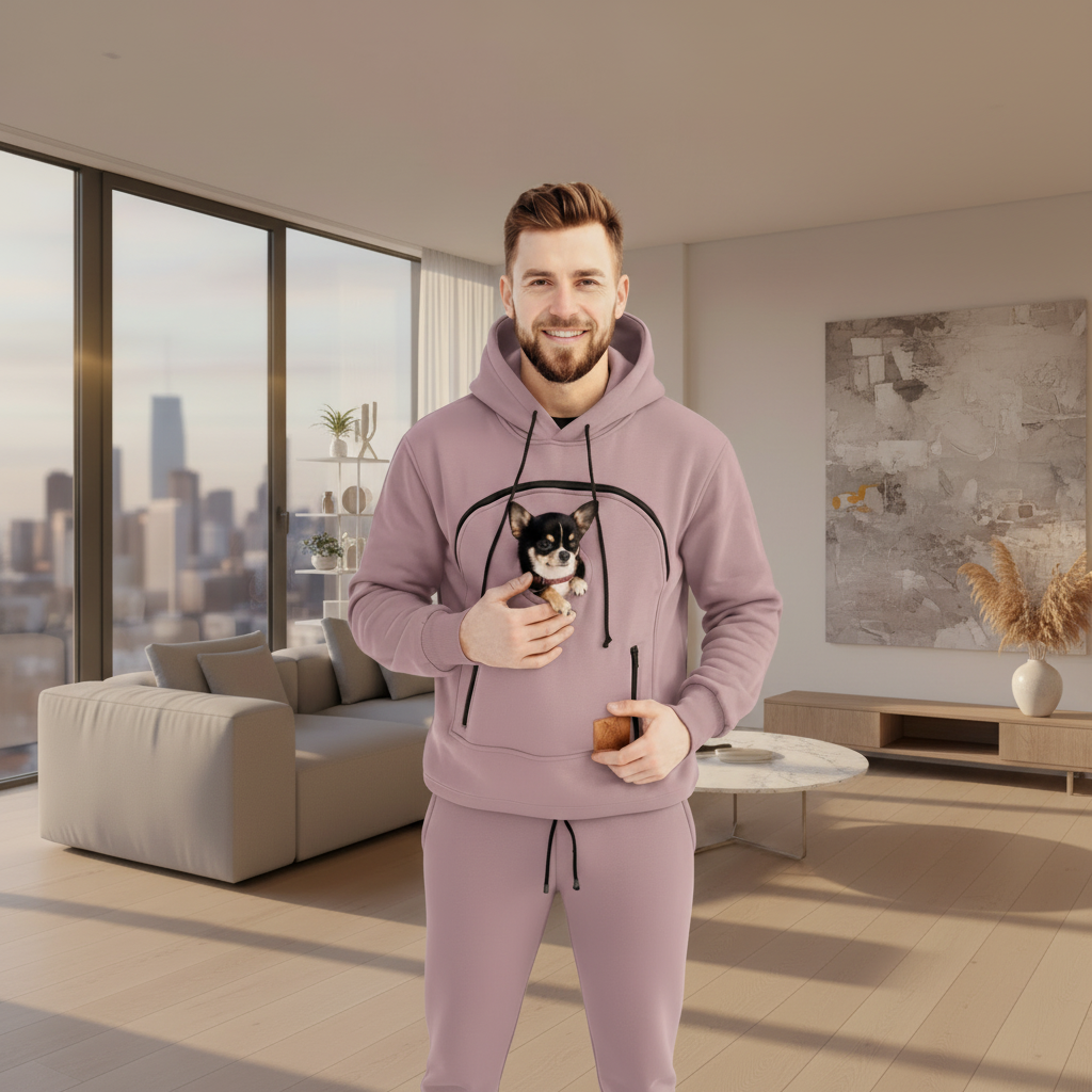 Man in a beige hoodie holding a small dog in a modern living room with cityscape view. Main image