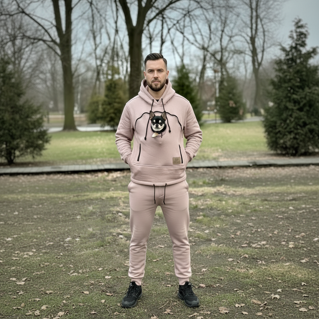 Man wearing a beige hoodie and pants with a dog.