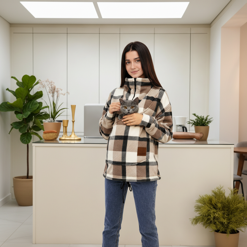 Woman wearing a beige plaid sweatshirt with cat in a pouch in a living room Main image
