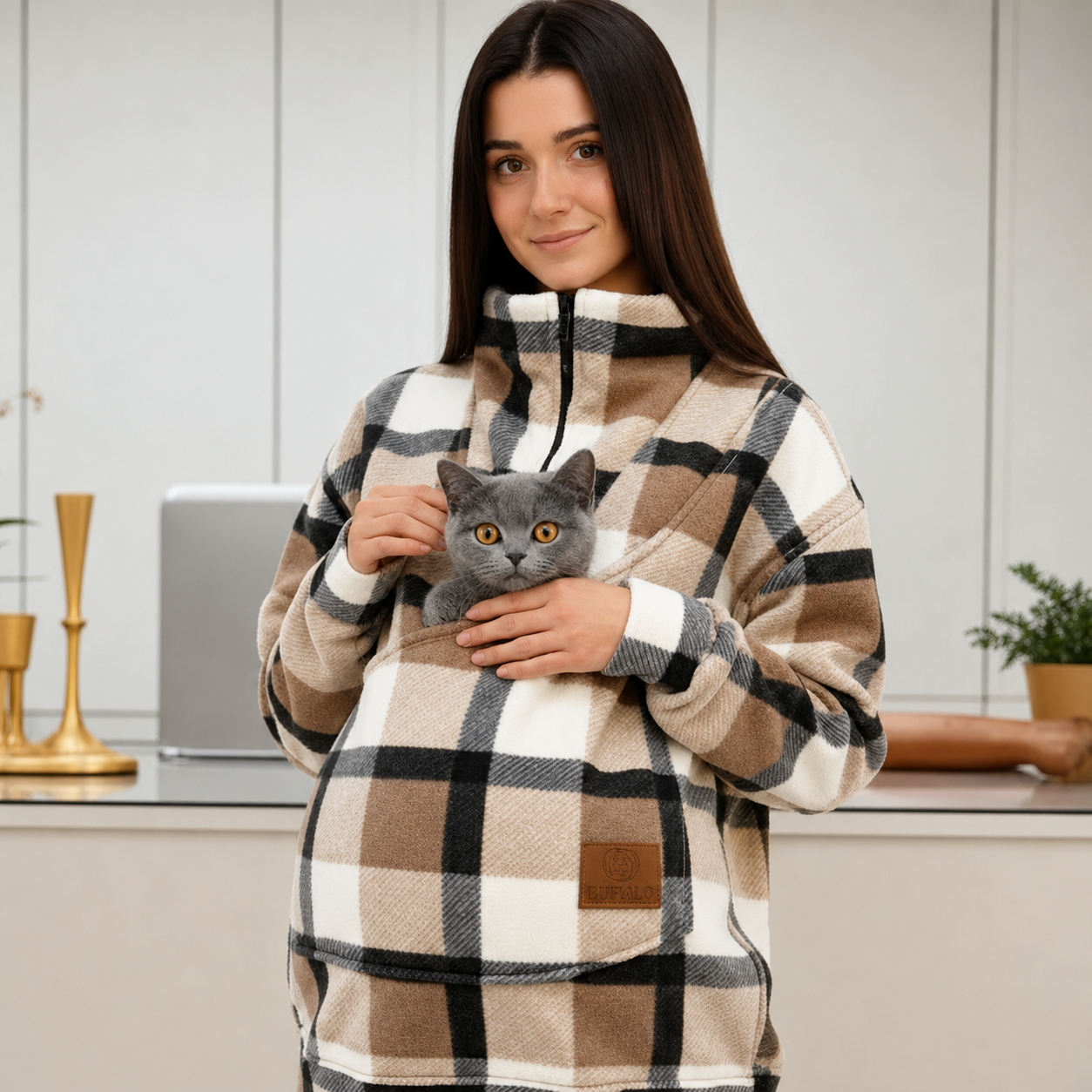 Handmade Pet Pocket Sweatshirt: Beige Plaid Fleece Pullover Secondary image