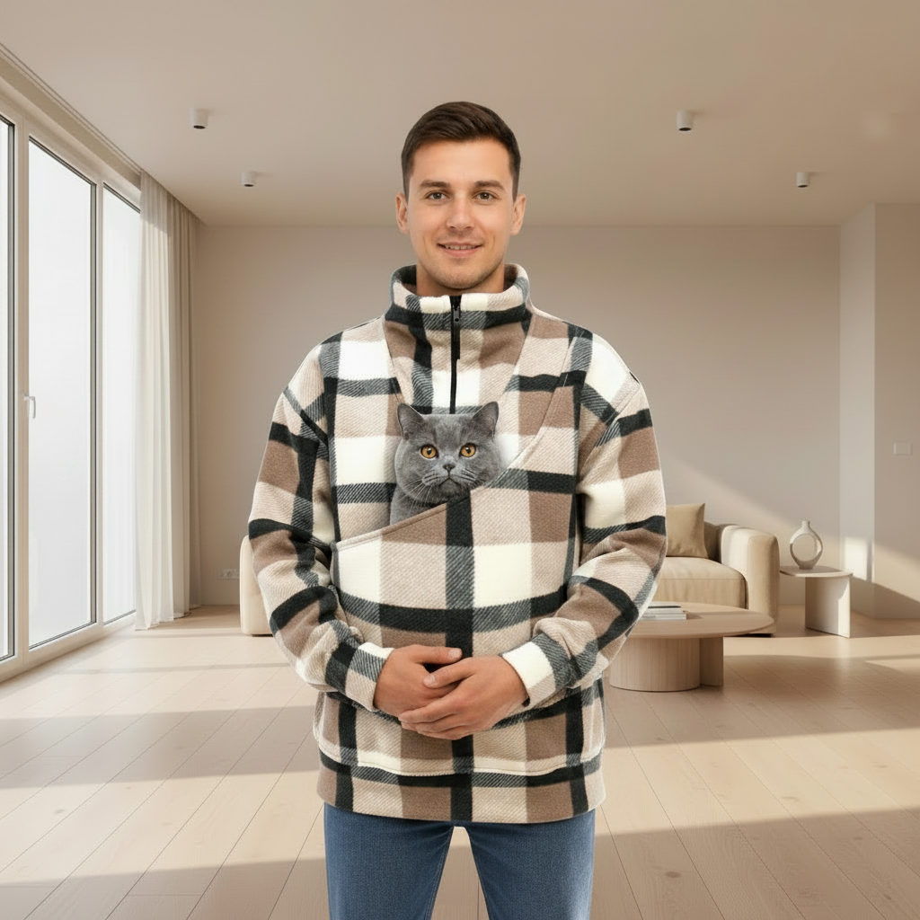 Man wearing a plaid sweatshirt with a blue cat in a pouch in a living room