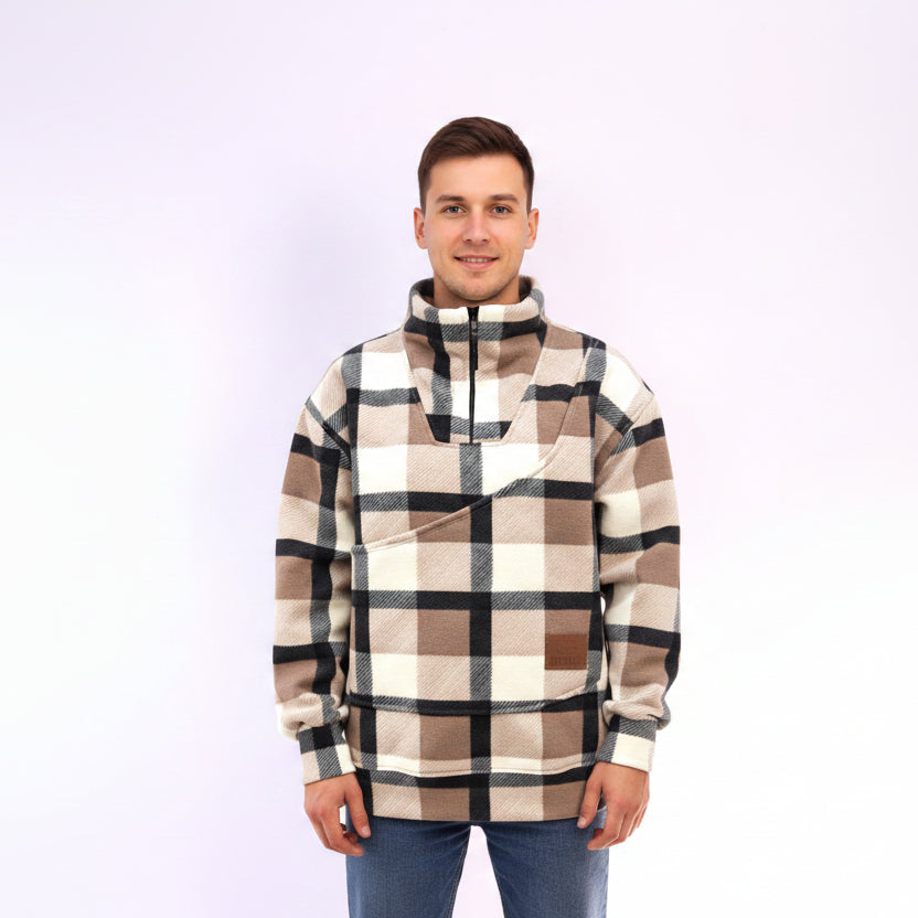 Man wearing a plaid shirt with a white background