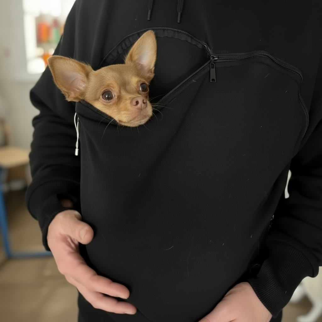 Small dog peeking out from a black pouch worn by a person indoors.