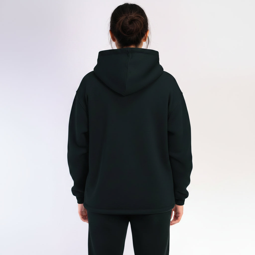 Black hoodie worn by a person on a white background