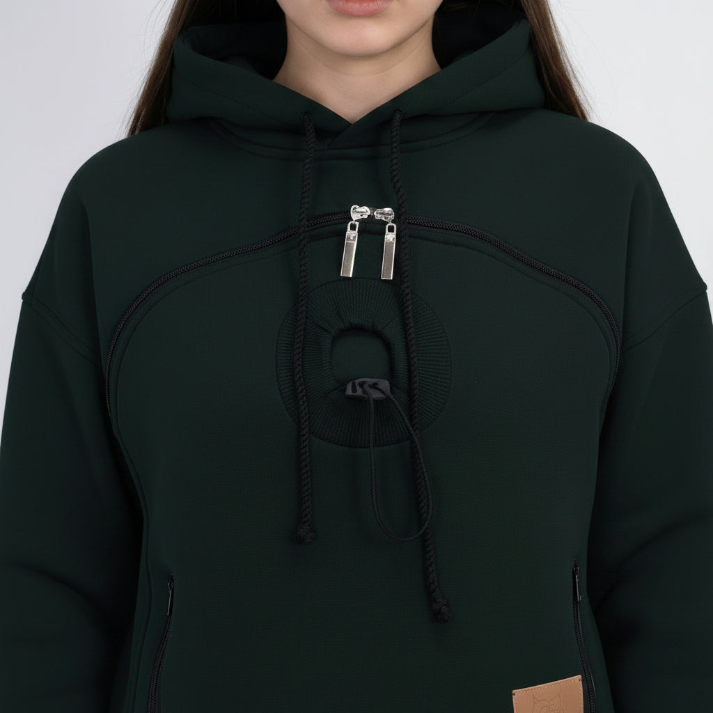 Black hoodie with a brown patch on a white background