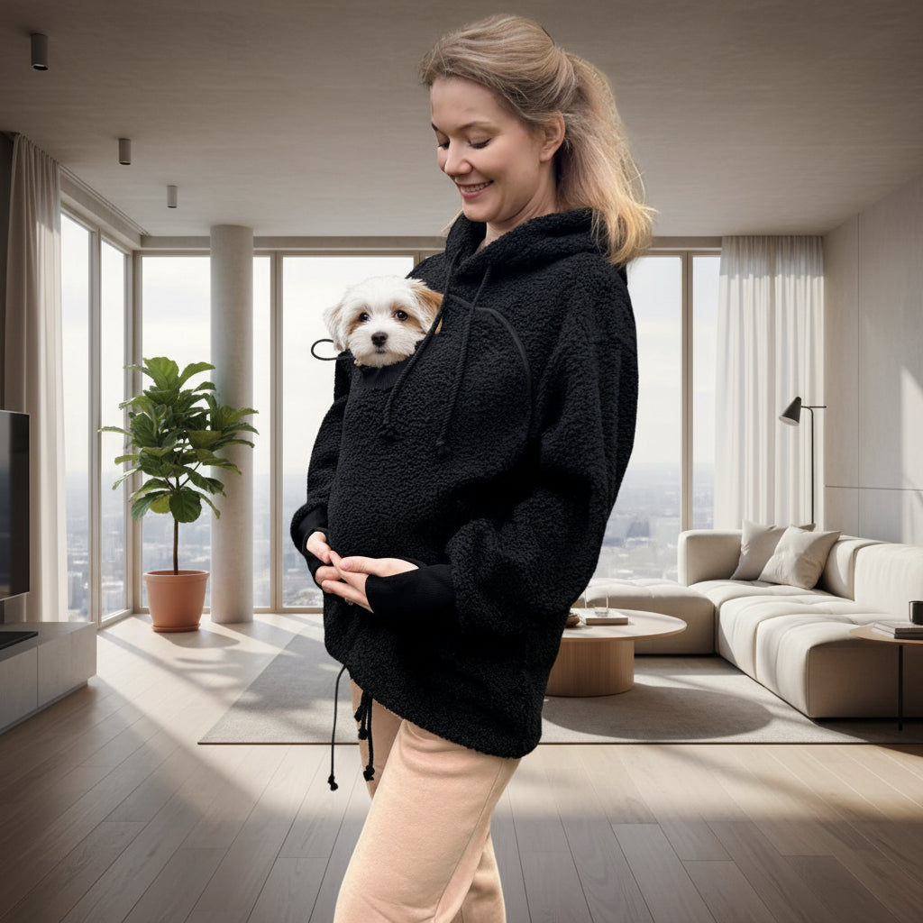 Woman wearing a black boucle hoodie with a cat peeking out