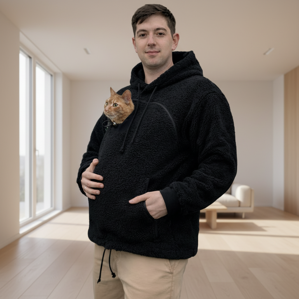 All Black Mens Sherpa Hoodie: Sphynx Cat Apparel - Plain Pullover with Pet Pouch Secondary image