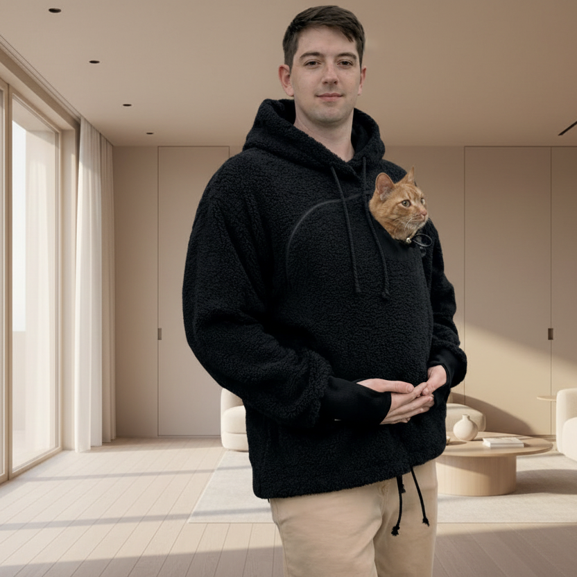 Person wearing a black boucle hoodie with a cat peeking out, standing in a modern room. Main image