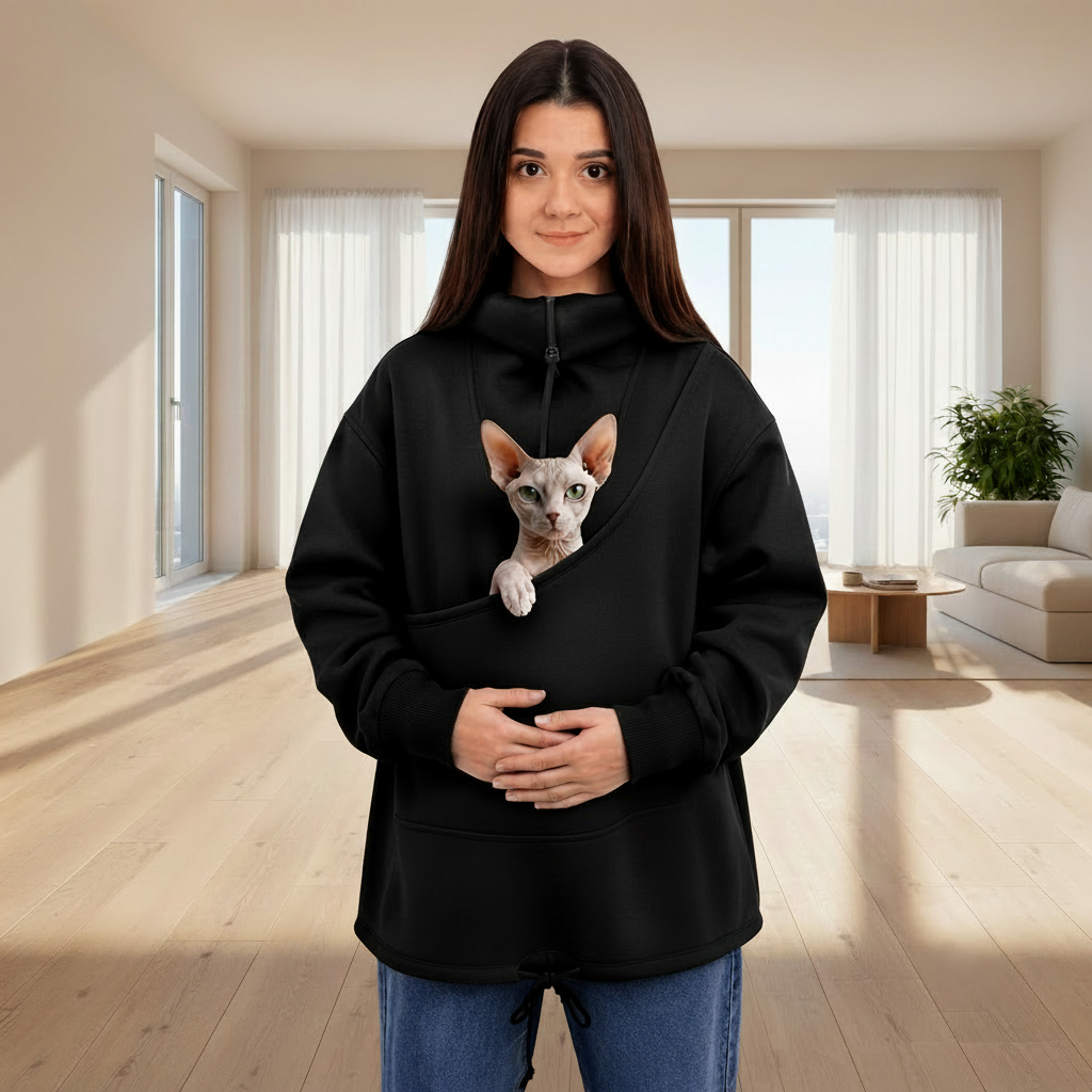 Person wearing a black sweatshirt with a Sphynx cat, standing indoors. Main image