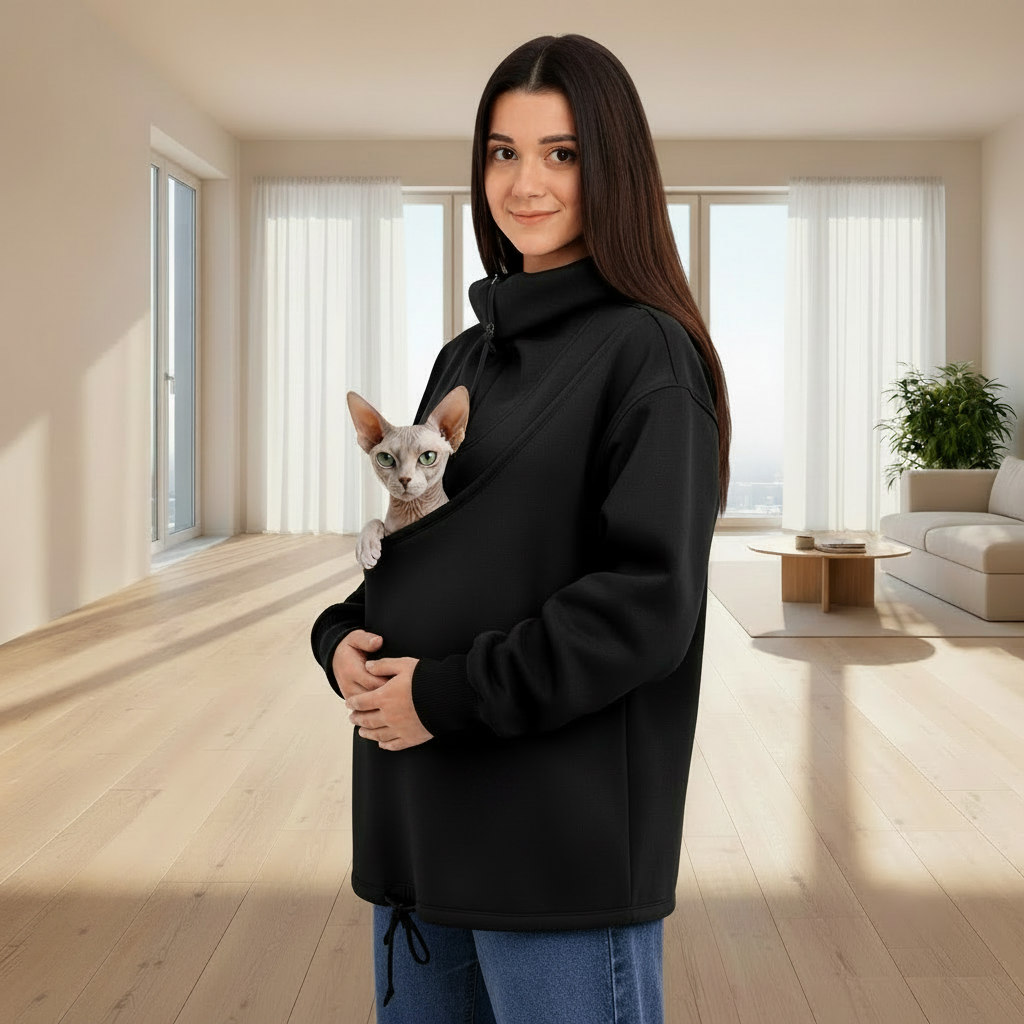 Women wearing a black sweatshirt with a Sphynx cat, standing indoors.