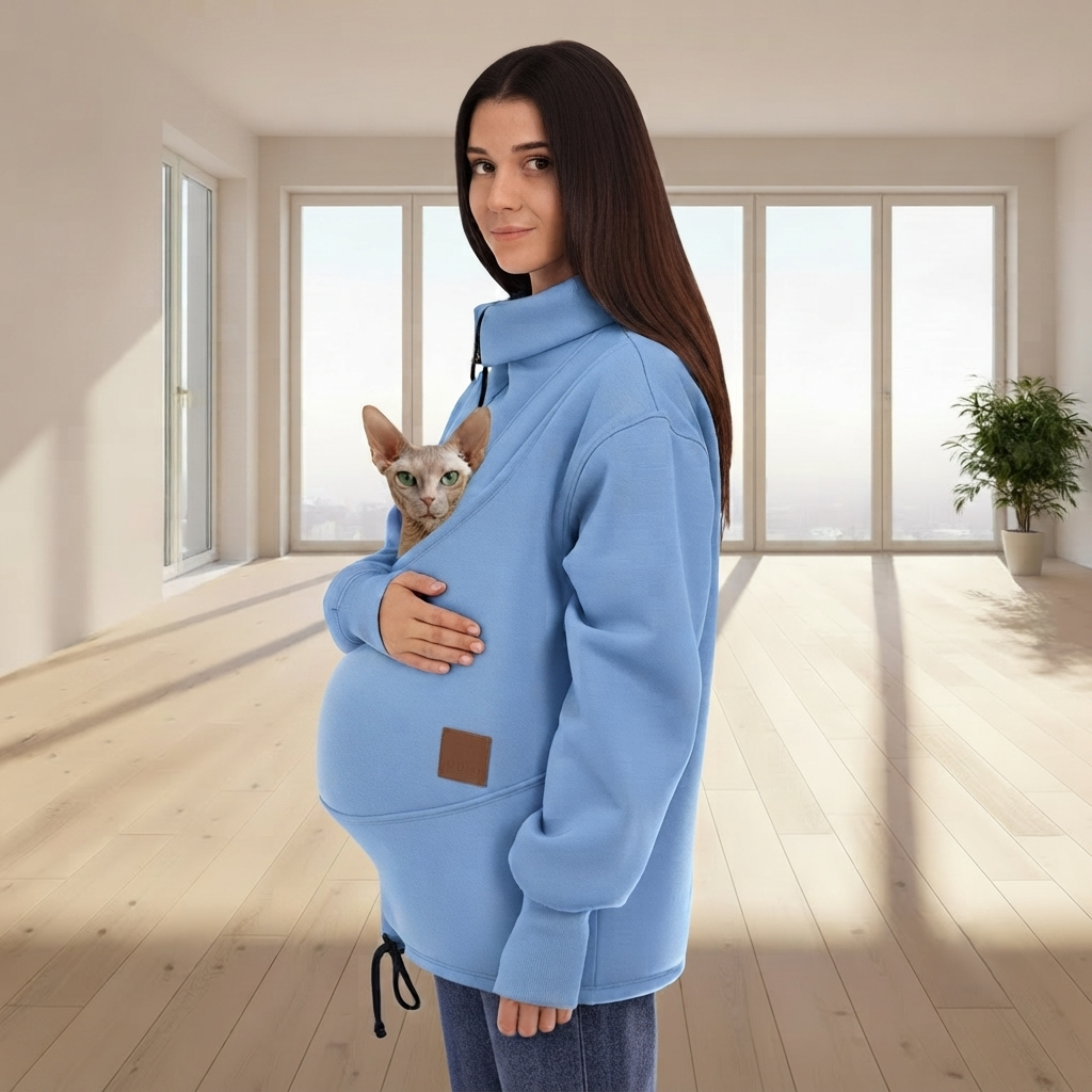Person wearing a light blue sweatshirt with a cat in the pouch, standing indoors.