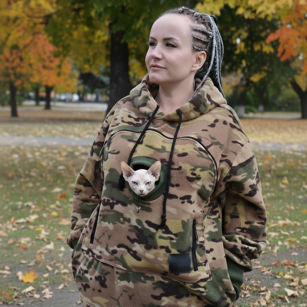 Person wearing a camouflage hoodie with a cat in an outdoor setting