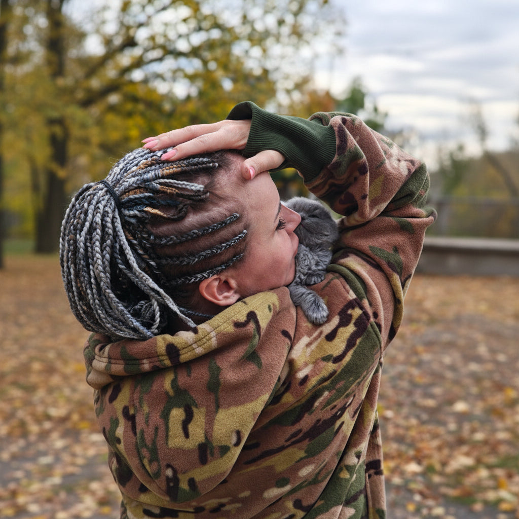 Person wearing a camouflage hoodie with a blurred natural background