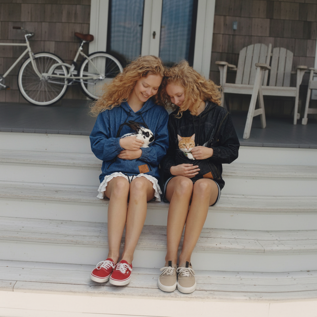 two girls wearing a dark blue denim hoodies with a cat and rabbit in the front pouch 