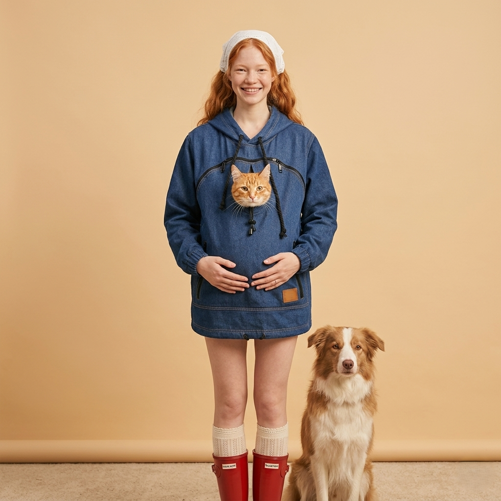 Woman wearing a dark blue denim hoodie with a cat in the pouch against a beige background.