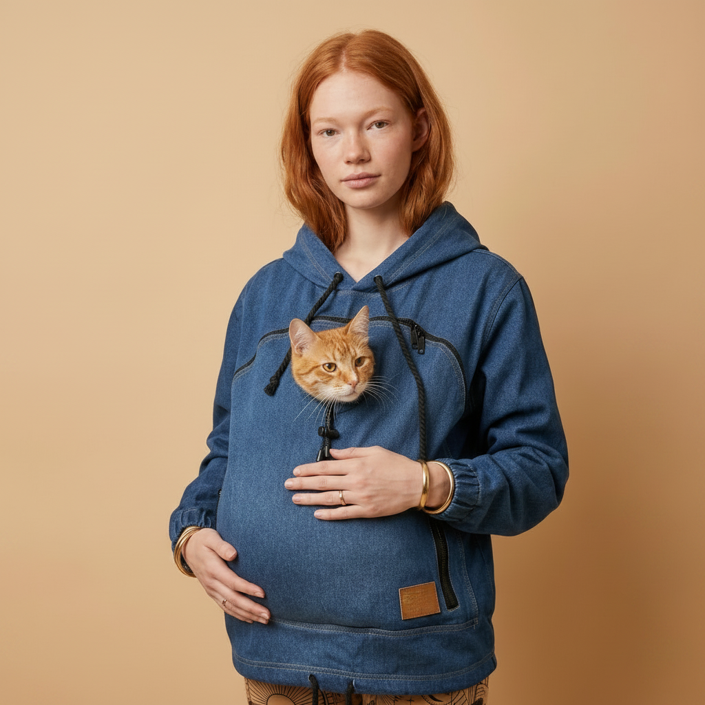 Girl wearing a dark blue denim hoodie with a cat in the pouch against a beige background.