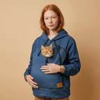 Girl wearing a dark blue denim hoodie with a cat in the pouch against a beige background.