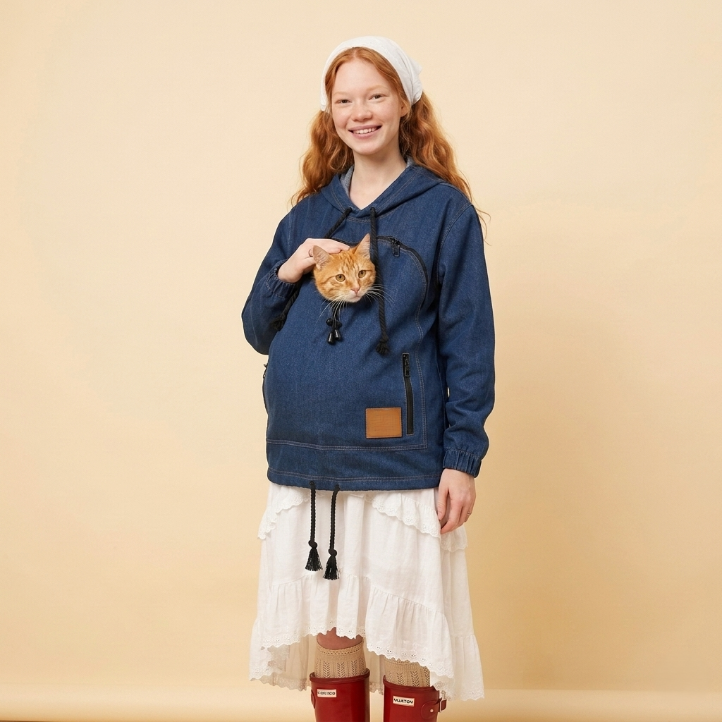 Woman wearing a dark blue denim hoodie with a cat in the front pouch against a beige background