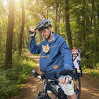 A man wearing a blue denim jacket with a cat carrier pocket holding an orange tabby cat, a black bicycle helmet, and sunglasses, standing next to a bicycle with a child seat carrying a toddler. The background features a green wooden door and a beige stucco wall.
