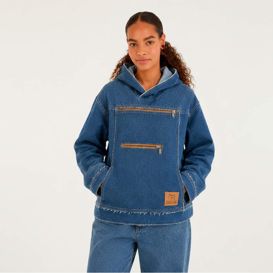 A woman wearing a blue hooded denim jacket with brown zipper details and a tan leather patch on the lower front, paired with matching blue jeans, against a plain white studio background.