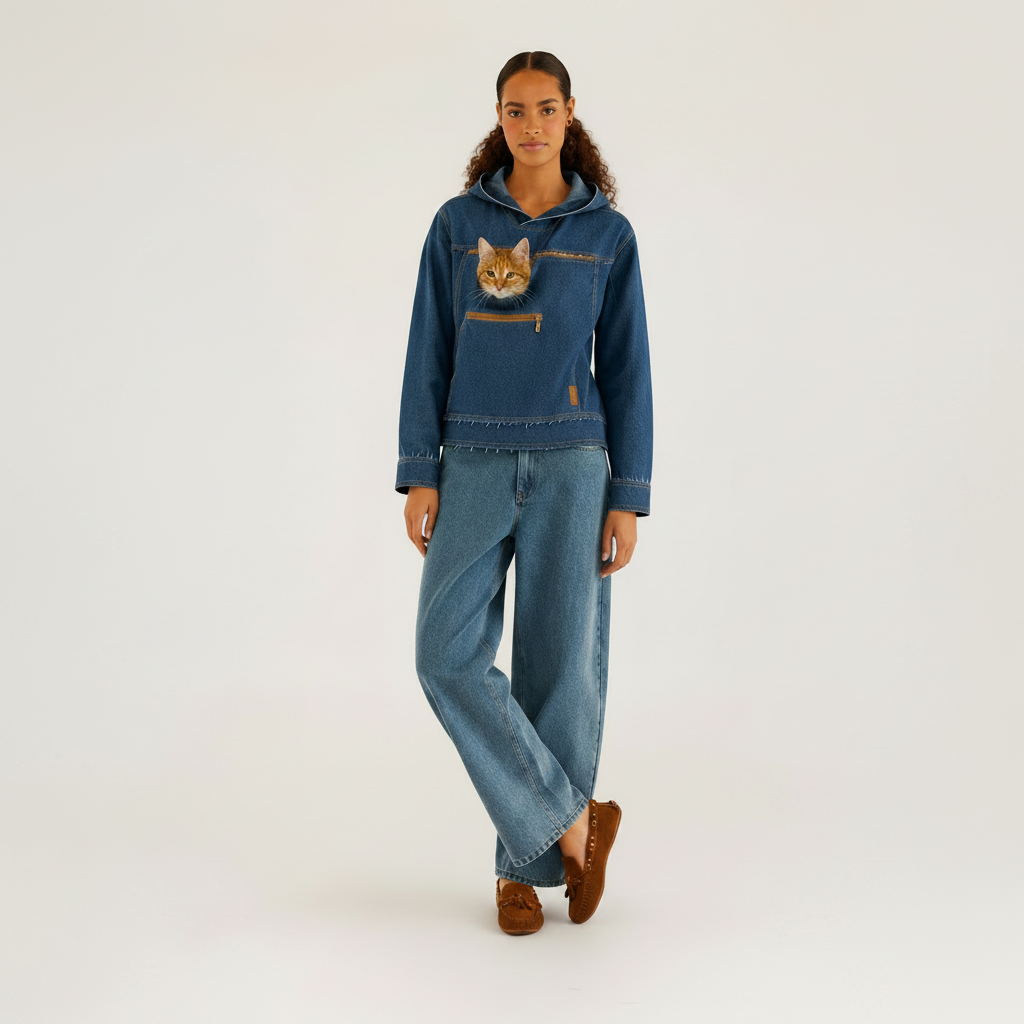 A model stands against a light gray studio background wearing a blue denim hoodie with a cat in the chest, matching wide-leg denim jeans, and brown suede loafers.