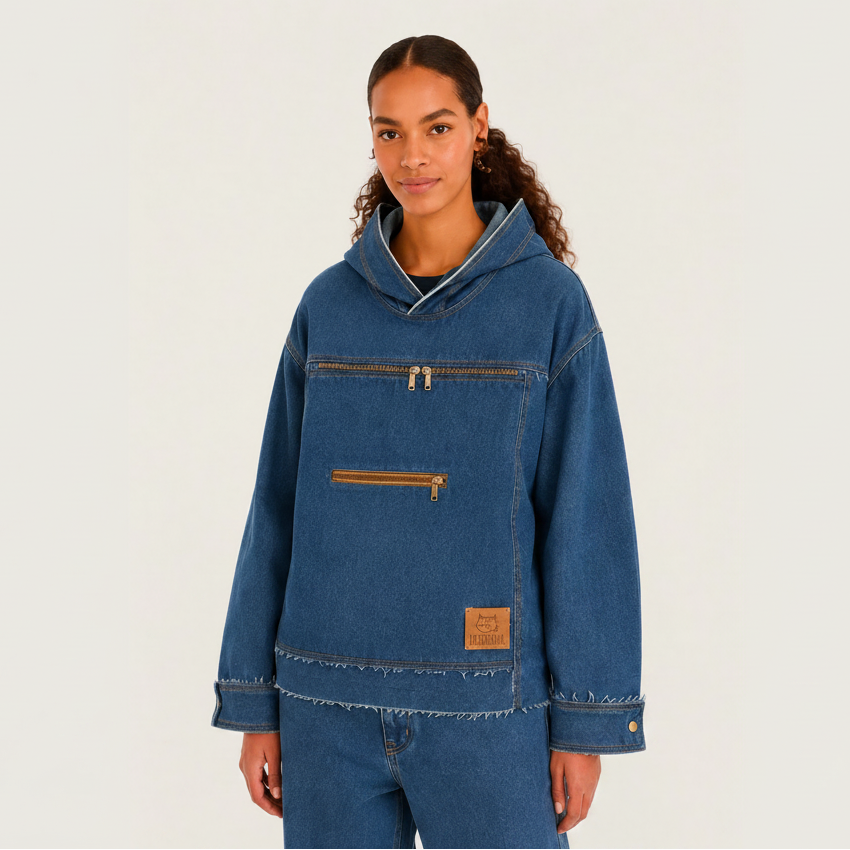 A woman modeling a blue denim hooded jacket with beige zipper details and a tan leather patch on the front, set against a plain light background.