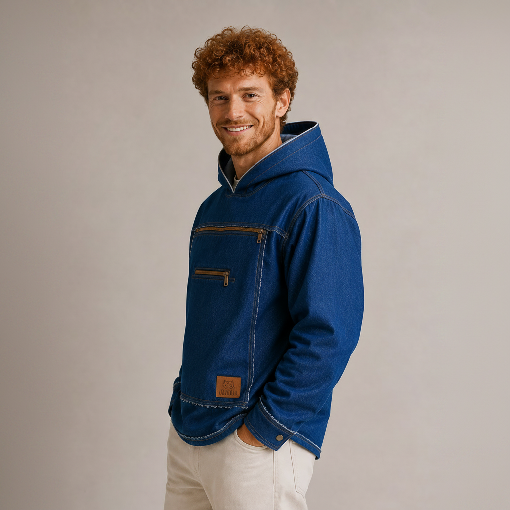 A smiling man with curly red hair wearing a blue hooded jacket with brown leather accents and off-white pants, standing against a neutral gray studio background.