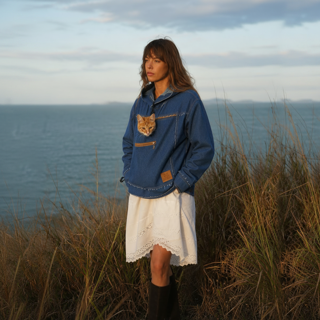 A woman stands outdoors in tall grass near the ocean, wearing a blue denim jacket with a cat in the pocket, a white skirt, and black boots.