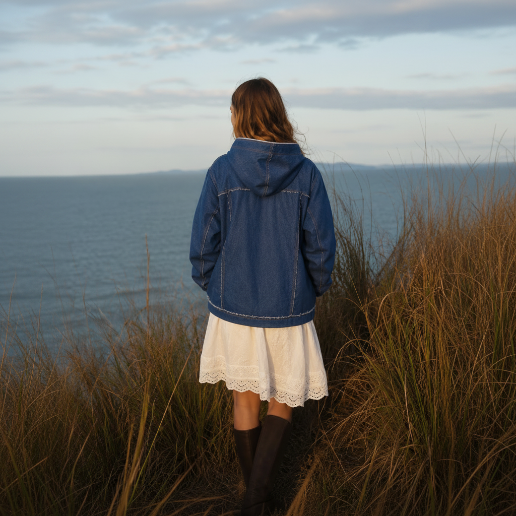 A woman viewed from behind wearing a blue denim hooded jacket over a white lace-trim skirt, standing in tall grass looking out toward a body of water under a cloudy sky.