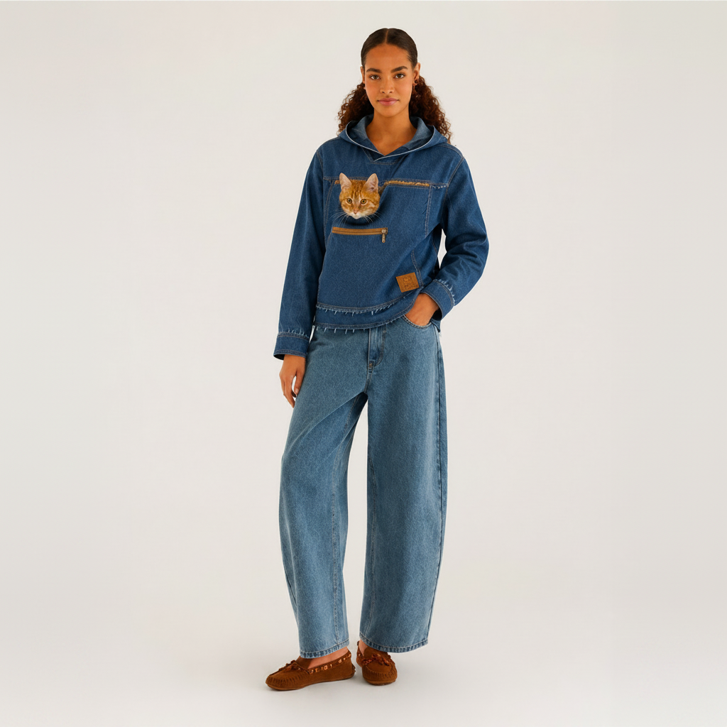 A model stands against a light gray studio background wearing a blue denim hoodie with a cat in the pocket chest, matching wide-leg blue jeans, and brown suede shoes.