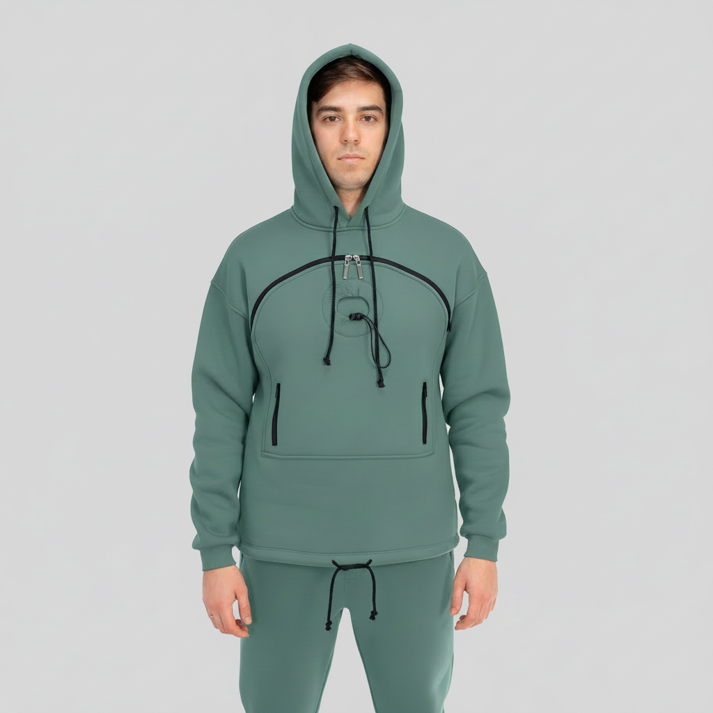 Person wearing an emerald hoodie and pants set on a white background