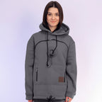 Women wearing a gray hoodie 