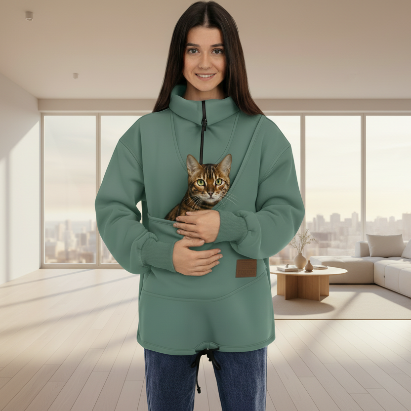 Woman wearing a green sweatshirt with cat in the pouch inside in a living room 