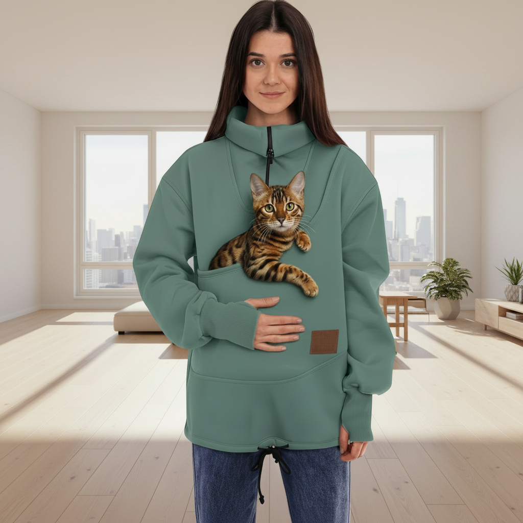 Woman wearing a green sweatshirt with cat in the pocket in a living room 