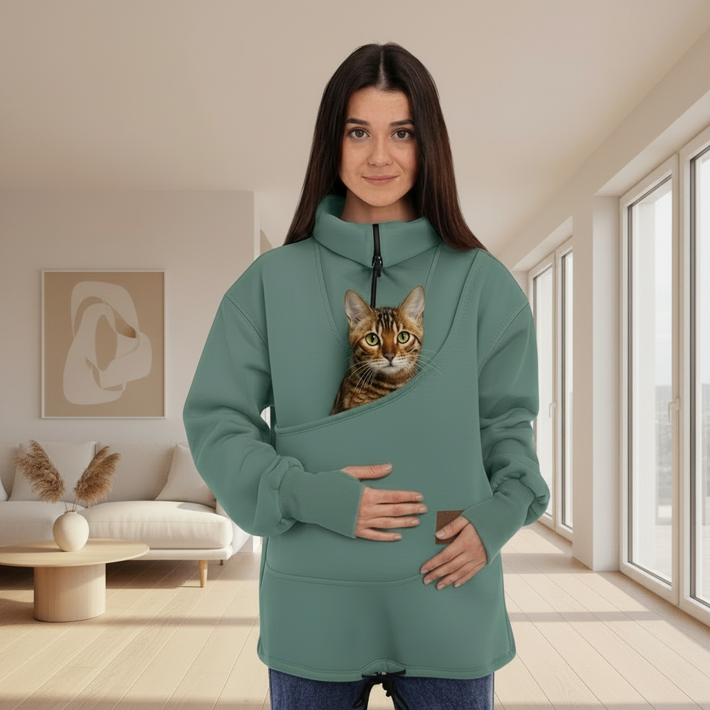 Woman wearing a green sweatshirt with cat in the pouch in a living room  Main image