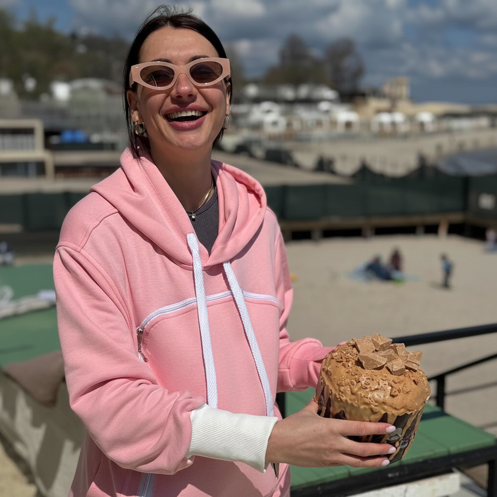 Person in pink hoodie holding a large chocolate muffin on a beach.