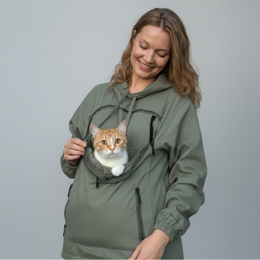 A woman wearing an olive green hooded jacket with a front cat pocket, smiling as an orange and white cat peers out from the pocket, against a solid gray studio background.