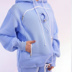 Light blue hoodie with a front pocket on a white background