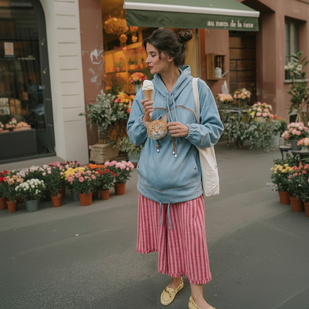 Woman wearing a light blue denim hoodie with a cat in the front pouch with a city in the background