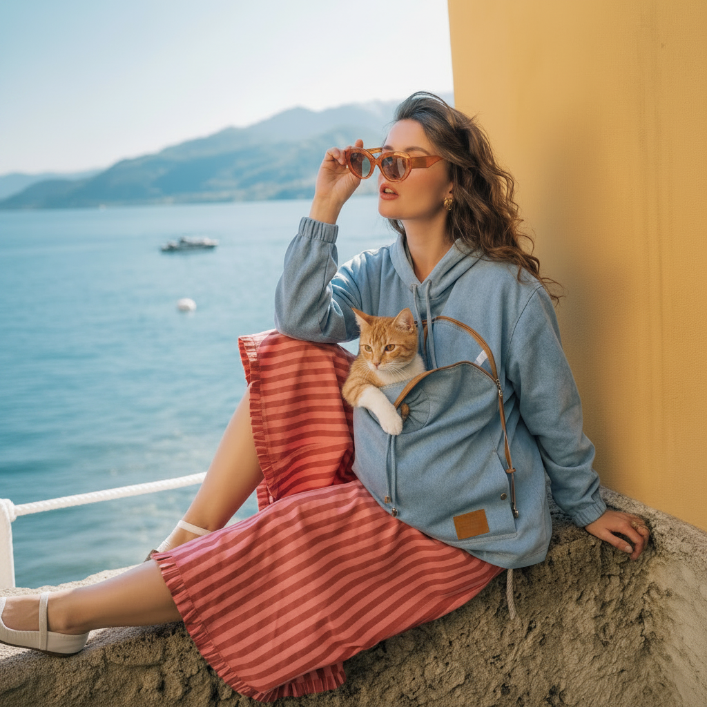 Woman wearing a light blue denim hoodie with a cat in the front pouch against a seaside background.