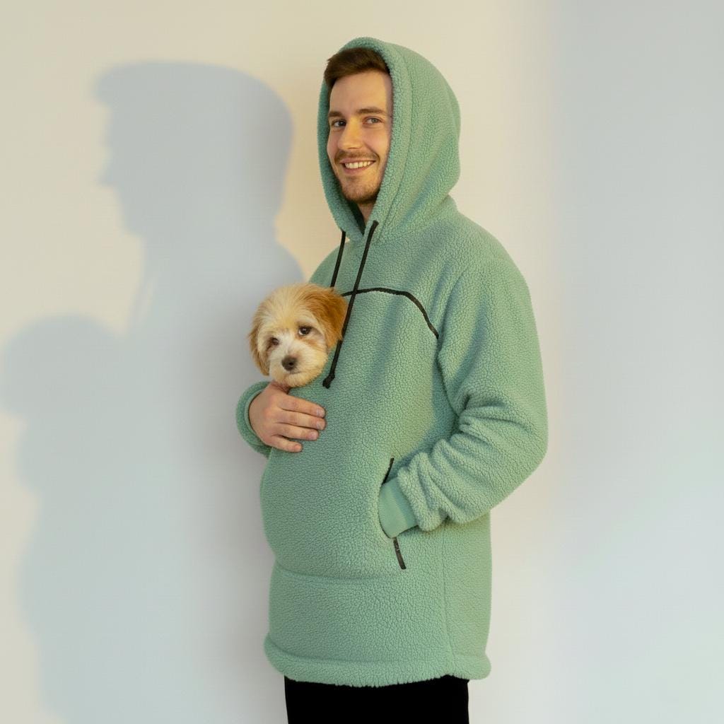 Person wearing a light green hoodie holding a small dog, standing against a plain background